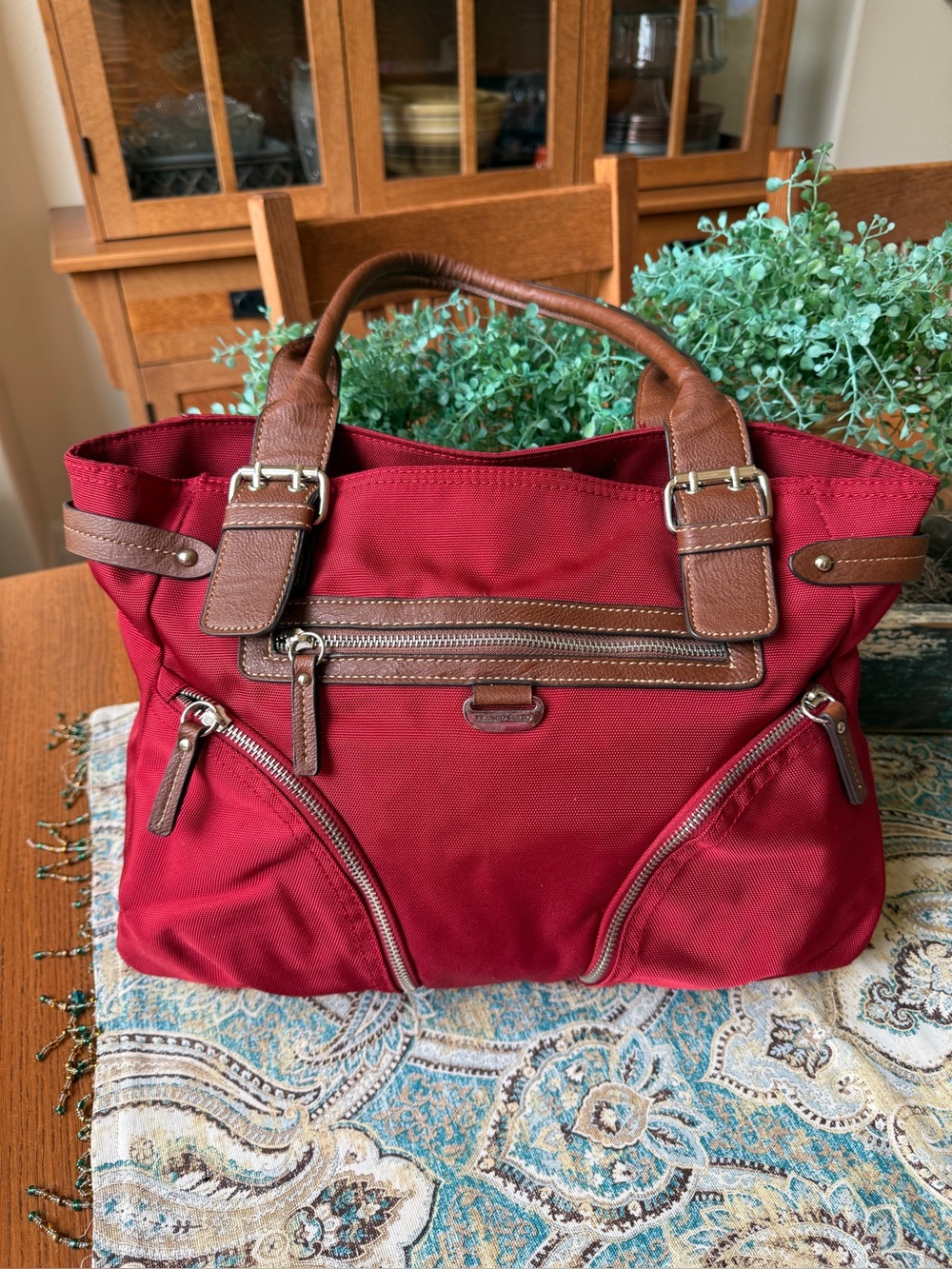 Franco Sarto Red Textile Leather Trim Shoulder Bag OS